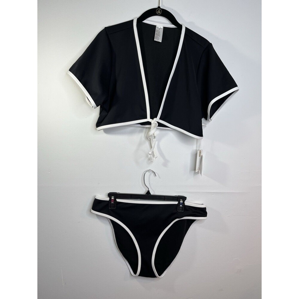 Good American NWT 2x Swim suit set black white Piping